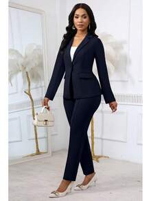 CALEBGAR Women's 2 Piece Blazer Outfit, Casual One Button Blazer Jacket & Long Sleeve Sexy Bodycon Pantsuit - 藏蓝色 - 查看 6