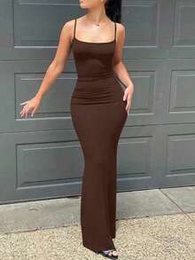 Solid Color Mermaid Tail Strappy Dress For Women - Khaki - View 1