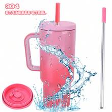 Drinking Bottle, Water Bottle, Coffee Mug, Travel Mug, Drinking Bottle With Straw, Made Of Stainless Steel, Bottle, Drinking Cup, Cup, Ice Cold, Take The Handle And The Straw, Double Feedback Effect, The Selection Is Colored - Rose Red - View 11