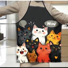 Cute Cat Pattern Polyester Apron Vibrant Cartoon Cats With Hearts & Stars DesignKitchen Apron For Cooking, Baking Home Decor - D - View 3