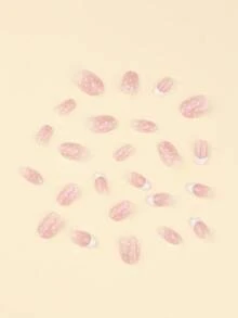 24片裸色簡約穿戴甲 白色波點法式白色假指甲 短橢圓形美甲貼片套組 含1片黏貼貼片與1個迷你指甲锉，適合日常佩戴 - 彩色 - 查看 3