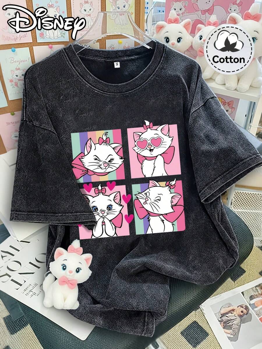 Disney Mary Cat IV Continuous Shooting Lilo & Stitch Is Not Lazy And . Retro Washed Black Oversized Cotton T-Shirts, Oversized Loose-Fitting T-Shirts For Men And Women, Funny Disney Tops. - 黑色 - 查看 1