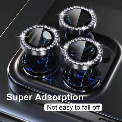 3片装闪亮钻石相机镜头保护膜 - 防刮钢化玻璃金属环镜头盖，适用于 11/12/13/14/15/16/17 Pro Max系列 - 内置水晶装饰相机保护膜