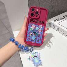 Disney Lilo & Stitch Phone Case With Beaded Chain, Cute Stitch Holding Ice Cream & Balloons Cartoon Print, "Lilo & Stitch" Text, Shockproof Soft Silicone Case With Stitch Plush Doll Wrist Strap, Disney Lilo & Stitch Phone Cover For IPhone 17, 16, 15, 14, 13, 12, And 11 Pro,Galaxy S22 ,S23,S24,S25 Models. Made Of Durable TPU With Shockproof Protection. A Fun Gift For Family, Friends, Birthdays, Holidays, And Special Occasions. - 酒紅色 - 查看 2
