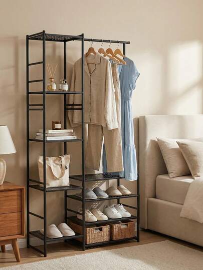 1 stuk zwart minimalistisch hangend kledingrek voor op de vloer, open kledingkast met planken, multifunctioneel opbergrek, schoenenrek, geschikt voor slaapkamers, gangen, badkamers, woonkamers, kantoren en studentenkamers.