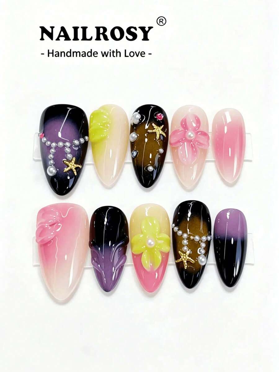 NAILROSY 波點法式黑白紅 10片杏仁形壓克力 3D雕花浮雕手工穿戴式假指甲 婚禮儀式新娘必備 純白裸色透明色 日常通勤 2026春季新品 專業款 - 彩色 - 查看 1