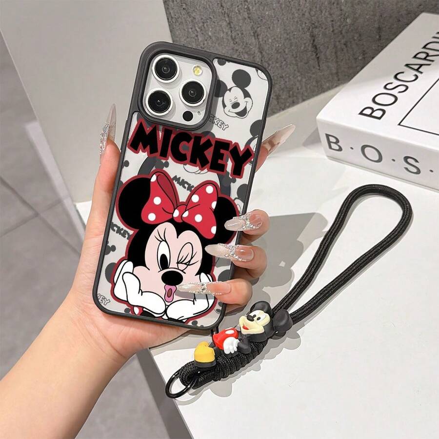 This Disney Mickey Mouse Pattern Lanyard Phone Case Features A Strong Magnetic Closure And Full Coverage Of Acrylic And TPU Material. It's Shockproof, Lightweight, And Suitable For IPhone17/16/11/13/15/15 Plus/15 Pro/15 Pro Max/12/14 Pro Max/11 Pro Max/12 Pro/12 Pro Max/13. It's A Popular Birthday Gift, Business Gift, Durable, Stain-Resistant, And Fingerprint-Resistant New Phone Case For Men And Women. It Also Includes A Mickey Mouse Phone Case And Mickey Mouse Doll Bracelet. Compatible With SamsungGalaxy S20, S21, S22, S23, And S24 Series. It's The Perfect Gift For Friends And Family. This Stylish Phone Case Is Fun, Lightweight, And Durable. IPhone17 Pro Max Phone Case, Minnie Phone Case. - 黑色 - 查看 1