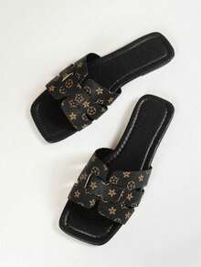 Women's Fashion Square Toe Flat Slippers, Versatile Ladies' Sandals For Spring And Summer - Black - View 5