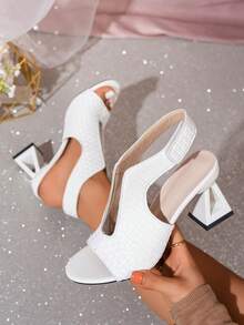 女士白色编织纹理露趾镂空凉鞋，方头粗跟高跟鞋，春秋季办公通勤/婚宴时尚鞋履，皮革材质 - 白色 - 查看 2