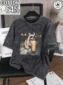 Women's Regular Cotton Snow-Wash Crew Neck Short-Sleeve Tee, Stylish And Simple Design With A Raccoon Drinking Milk Tea Print, Suitable For Ladies' Commuting Wear In Spring, Summer And Autumn. Casual - Black - View 2