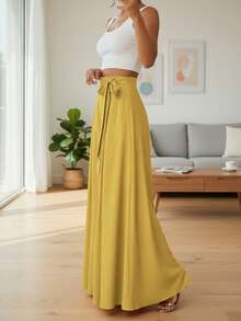 Women's Fashionable, Casual & Elegant Wide-Leg Pants Made Of Coarse Fabric, High-Waisted With Elastic Waistband And Side Straps, Suitable For Spring/Summer - Yellow - View 7
