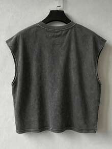 Camiseta casual de cuello redondo para hombre, diseño holgado sin mangas, efecto lavado retro de camiseta de tirantes - Negro - Ver 2
