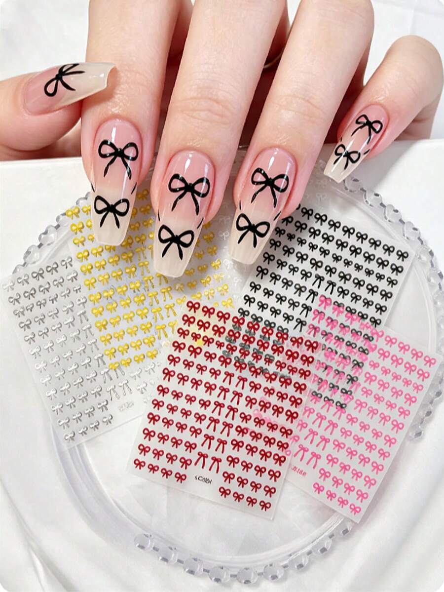 6片装3D卡通蝴蝶结美甲贴纸，高光泽塑料自粘美甲贴纸，闪光装饰一次性使用，DIY家用美甲沙龙配件，多种款式套装