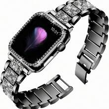 1条兼容的表带，男女通用，闪亮时尚黑色金属手链，兼容 38mm、40mm、41mm、42mm、45mm、46mm、49mm，Series 10/9/8/7/6/5/4/3/2/1/SE/Ultra，可调节腕带，钻石不锈钢金属表带 - 黑色 - 查看 4