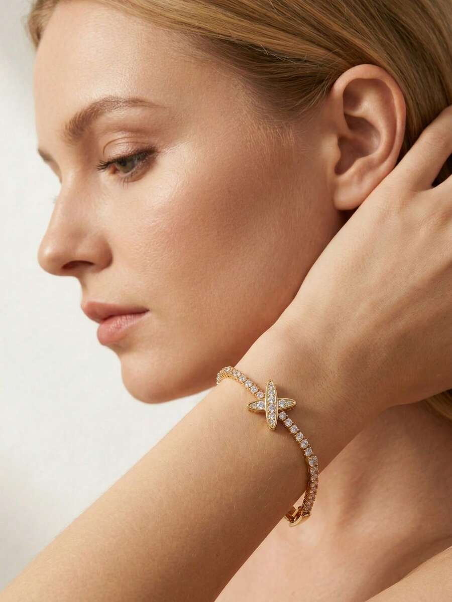 1 Set de pulsera elegante y lujosa con incrustaciones de circonita cúbica con forma de X brillante, adecuada para bodas y fiestas de mujeres, sin caja de regalo - Amarillo Oro - Ver 1