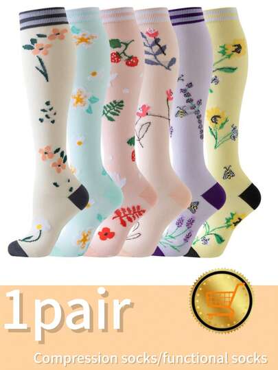 Women's Compression Socks - Functional Socks For All Seasons. These Knee-High Socks Feature Cute Floral Patterns And Fun Designs, Making Them A Fashionable And Casual Choice For Everyday Wear, Travel, Parties, And Social Occasions. These Breathable, Elastic Support Socks Are Perfect For Yoga, The Gym, Outdoor Running, And Other Activities. They Are Of Standard Thickness, Comfortable, Non-Slip, And Designed To Fit The Foot Shape.