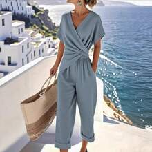 A Set Of Fashionable Multi-Color Jumpsuit Women's V-Neck Twisted Nine Inch Wide Leg Commuting Vacation Jumpsuit - 深色粉末 - 查看 2