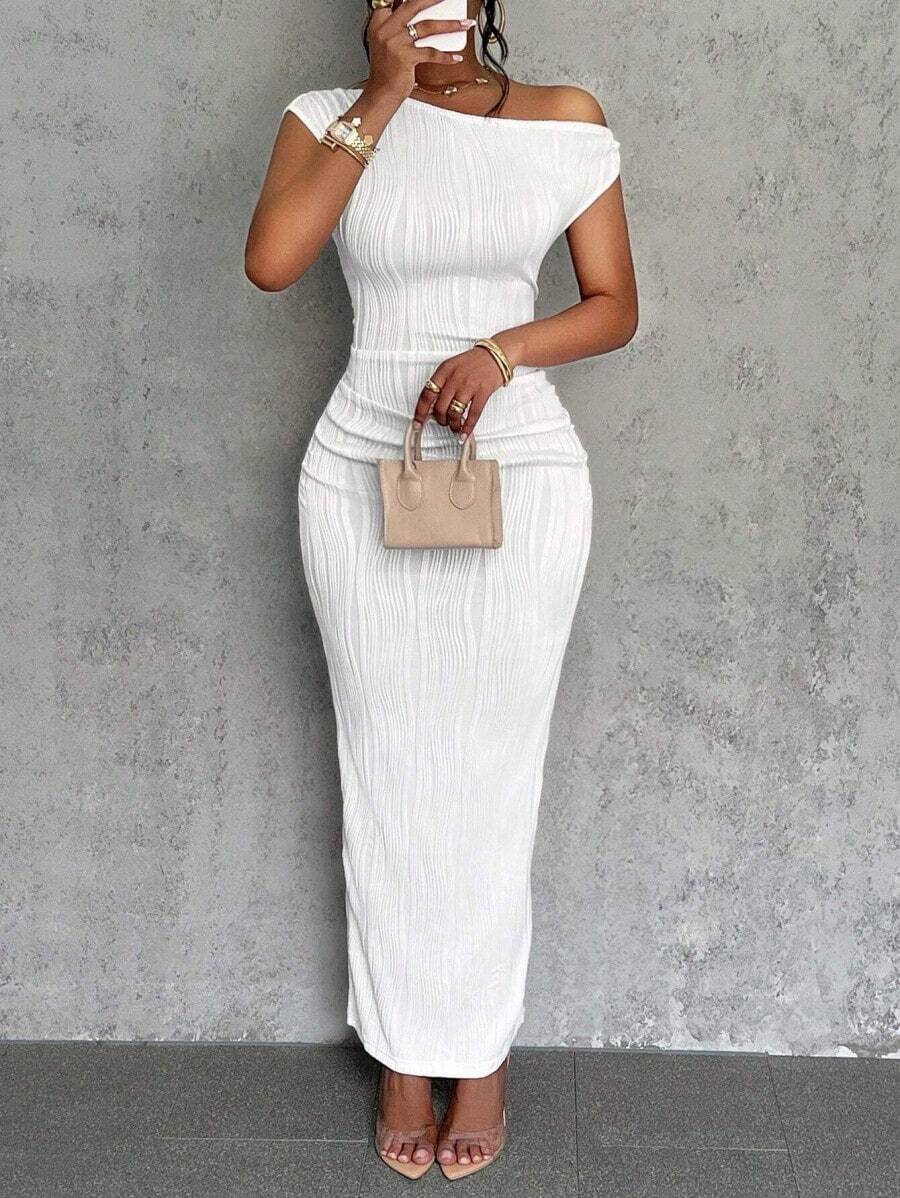 1PC New Cute Fashionable Water Ripple One-Shoulder Slim Dress Women's Clothing - trắng - Xem 1
