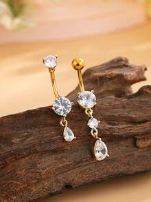2个18K镀金不锈钢水滴形锆石肚脐环，性感肚脐穿刺饰品，女士款 - 金黃色 - 查看 2