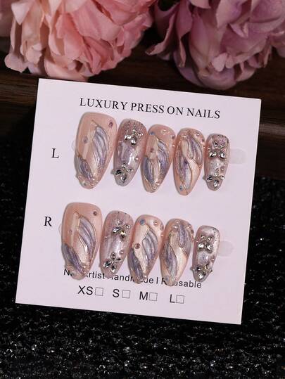 10pcs Almond Handmade Press On Nails Glossy Purple 3D Mermaid Tails & Pink Cat Eye Luxury French Nail Art Design False Nails Reusable Fake Nail Tips DIY Nail Beauty For Party