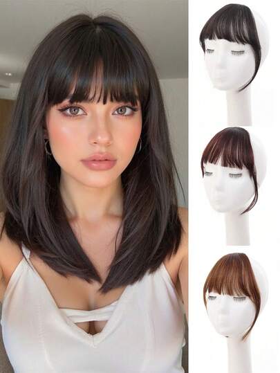 女士轻盈刘海假发，自然法式前额造型，无缝设计，轻盈舒适，直刘海，合成假发