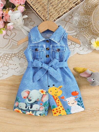1 bộ áo liền quần không tay cổ bẻ chất liệu giả denim in hình động vật hoạt hình dễ thương phong cách retro cho bé gái, màu xanh nhạt, có thắt lưng, bộ sưu tập mùa hè mới, xuân/hè.
