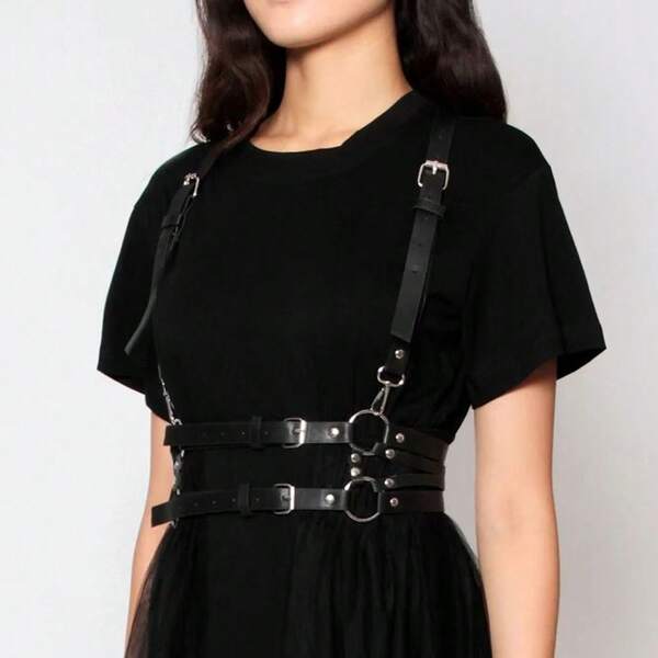 1 pieza Accesorio retro para mujer, Tirantes de cuero PU negro estilo gótico, Adecuado para fiesta de Halloween o uso diario