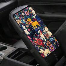 1pc Printed Cartoon Floral & Puppy Vintage Painting Style Armrest Box Pad, Car Interior Accessory - Flower Puppy - View 3