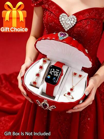 6/5 יחידות שעון אלקטרוני דיגיטלי ואלגנטי יוקרתי לנשים, בשילוב עם סט תכשיטים של צמידי קריסטלים, עגילים, מתאים ללבוש יומיומי לנשים, מתנות יום הולדת/חג, מפגשים משפחתיים, חגיגות, מסיבות, מתנה מושלמת ליום האם/יום האהבה