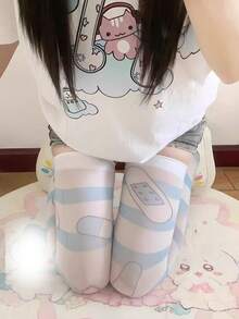 STAR RIVER 1組亞文化襪：藍色條紋過膝襪 + 心翼腿飾可愛動漫印花膝襪，Lolita Cosplay Y2K - 彩色 - 查看 4