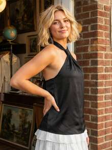 Womens Flowy Halter Tops Summer Fashionable Dot Print/Solid Color Backless Going Out Vest - Black - View 5