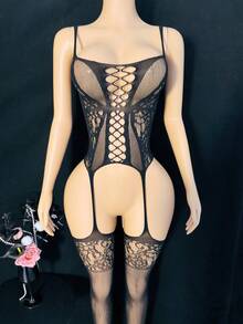 1 bộ đồ lót nữ gợi cảm, jumpsuit ren xuyên thấu dây quai, jumpsuit ôm sát, jumpsuit dây đeo, jumpsuit tất dài - màu đen - Xem 4