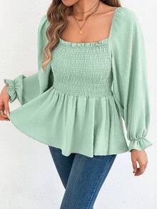 Áo kiểu nữ cổ vuông, chất liệu jacquard, viền bèo nhún, màu trơn thanh lịch, tay dài, chất liệu chiffon, thích hợp mặc hàng ngày trong kỳ nghỉ xuân. - Màu xanh Bạc hà - Xem 1