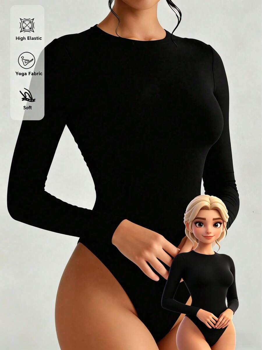 Fyxelle 女士休闲连体衣，运动瑜伽服，黑色针织弹力面料，圆领长袖双层设计，适合日常锻炼和街头穿搭，多功能打底衫 - 黑色 - 查看 1