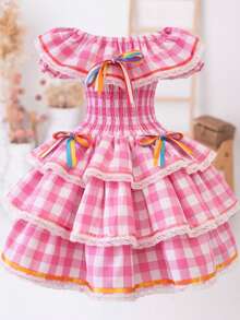 Children's And Teens' Country-Style Dress For June Festivals, Traditional Square Dances, Saint John's Day, Borboletinhas Kids - 粉紅色格子 - 查看 1