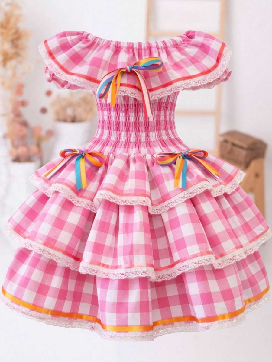 Children's And Teens' Country-Style Dress For June Festivals, Traditional Square Dances, Saint John's Day, Borboletinhas Kids - 粉紅色格子 - 查看 1