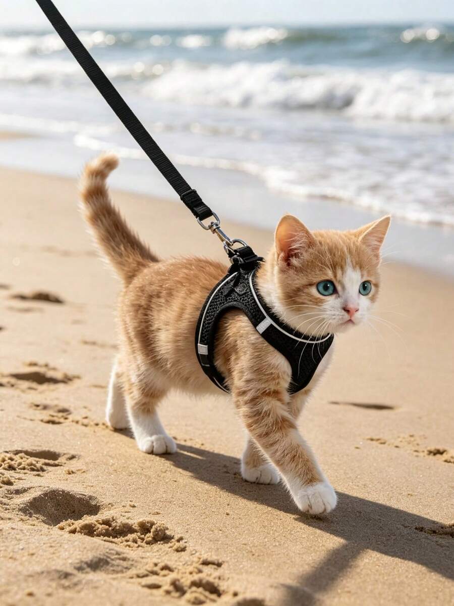 猫咪牵引背心式胸背带，柔软可调节，易于控制，透气反光条纹外套，黑色 - 黑色 - 查看 1