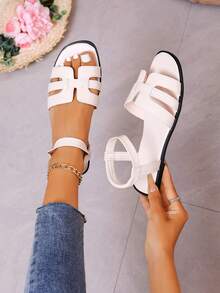 New Elegant Solid Color Korean Style Sandals, Fashionable Flat Vacation Beach Sandals, Beige Strap Sandals For Women - Beige - View 6