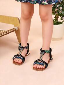 1 Paar süße, farbenfrohe Mädchen Schal gewebte Sandalen mit niedrigem Absatz, weiche Sohle rutschfeste elastische Bänder Mädchen Prinzessinnenschuhe, vielseitig tragbare Outdoor Mädchen Sandalen, atmungsaktive Kinderkleider Schuhe, geeignet für den täglichen Gebrauch, Partys und Outdoor-Aktivitäten - Schwarz - Übersicht 5