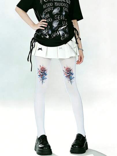 1 Pair Women's Velvet Rose Print Pantyhose, Comfortable, Fashionable, Slimming And Cute, Perfect For Daily Wear, Office Commuting And Outings