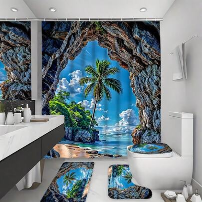 1/4pcs Palm Tree Print Bathroom Set, Blue Ocean Theme, Includes Shower Curtain, Non-Slip Rug, Toilet Seat Cover And Bath Mat, Made Of Polyester, Tropical Coastal Summer Scenery Bathroom Decor, 4pcs Set