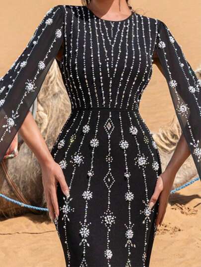 Faeriesty Vestido de noche con cuello redondo y mangas de capa con diamantes para mujer, con decoración de diamantes brillantes, mangas de capa vaporosas y transparentes, adecuado para banquetes, fiestas de moda, galas, aniversarios y eventos sociales de moda