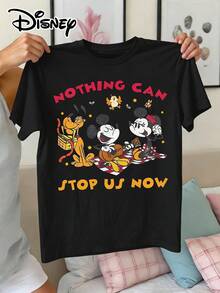 Disney Official Authorization | Women's 100% Cotton Printed Short Sleeve T-Shirt. Features A Slogan Print "NOTHING CAN STOP US NOW!" With Mickey Mouse, Minnie Mouse, And Pluto. This Loose-Fit T-Shirt Is Suitable For Disney Fans Of All Ages, Making It An Ideal Choice For Vacations, Outings, And Daily Casual Wear. - 黑色 - 查看 1