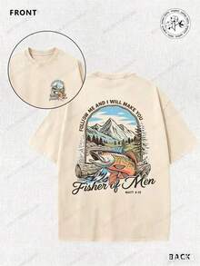Matthew's Gospel, Fishing, Fisherman, Religion, 230g Double-Sided Printed Batik Vintage Washed T-Shirt, 100% Cotton, Comfortable For Summer Wear, Simple And Casual, Men's Cool Short-Sleeve T-Shirt - 杏色 - 查看 1