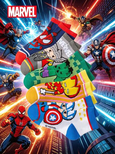 Marvel 1/5/10 pares de juego de calcetines para niños, calcetines con gráfico de Thor, calcetines con volantes, calcetines de rayas negras y blancas, calcetines cortos para niños y niñas, calcetines de tobillo suaves, transpirables y antideslizantes, calcetines casuales con estampado de dibujos animados, adecuados para carnaval, San Valentín y otras ocasiones