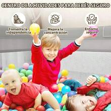 Parque infantil, centro de actividades para niños, barrera plegable y portátil apta para uso en interiores, con base antideslizante. Incluye 50 pelotas + 1 canasta + 2 aros. Construcción resistente con material impermeable. Viene con bolsa de almacenamiento. Dimensiones: 180 x 150 cm. Color: gris. - Gris - Ver 4