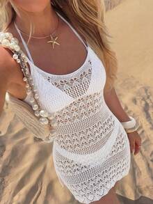 女士夏季欧美风针织镂空吊带性感露背修身无袖罩衫迷你连衣裙 - 白色 - 查看 2