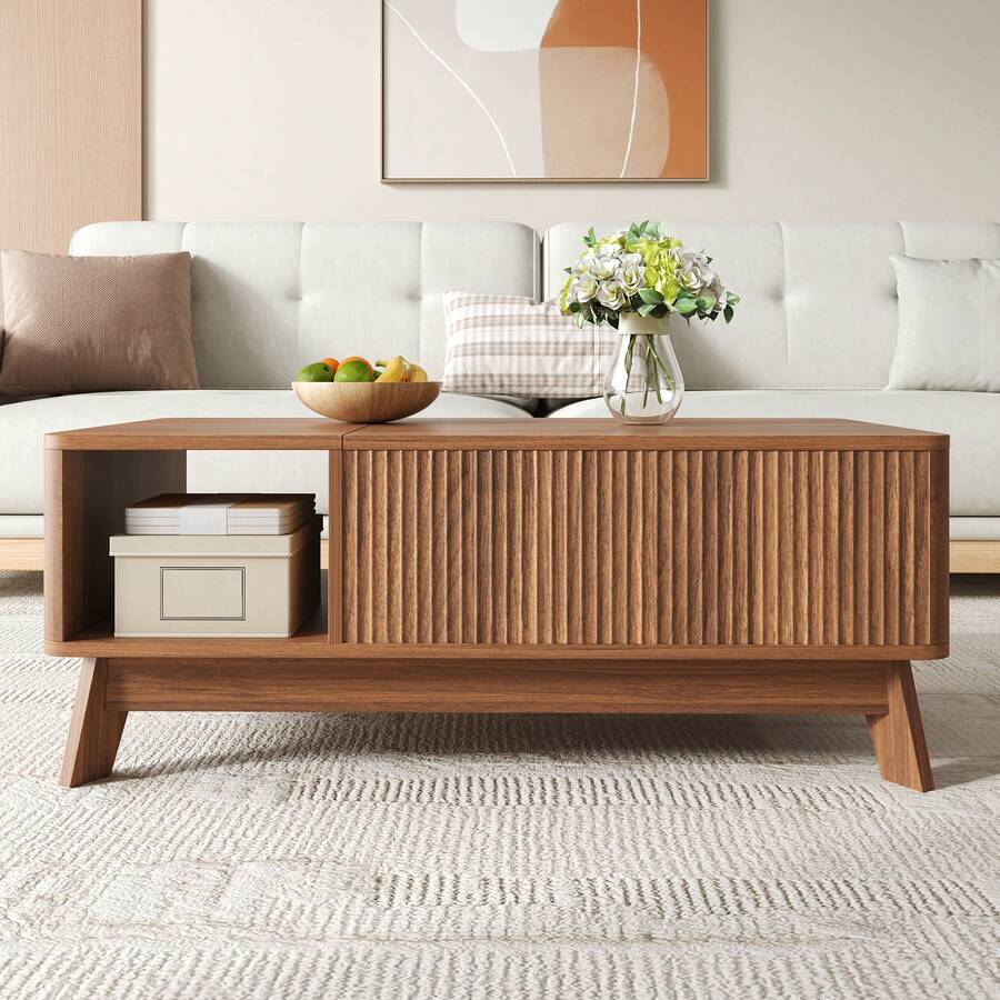 Couchtisch Mit Hubfunktion, Wellenoptik, Offenes Seitenfach, MDF Material, Modern Style - Walnut Wood Color - View 1