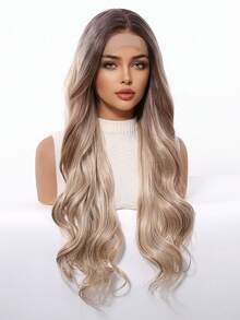 Peluca sintética de onda corporal de 26 pulgadas 13*4 con encaje frontal para mujeres, con reflejos de rubio ceniza a marrón ombre, de aspecto natural y resistente al calor para uso diario, fiestas y vacaciones - Multicolor - Ver 3