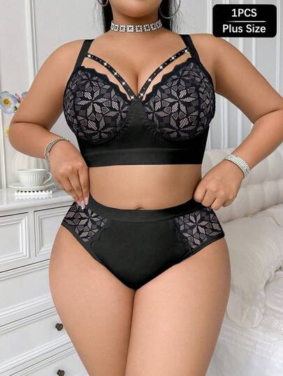 大码女士蕾丝拼接柔软舒适无钢圈文胸内裤套装